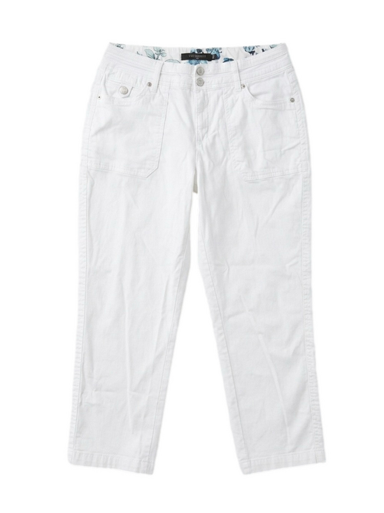 one 5 one Pants - ONE5ONE White Cropped Pants Floral Waistband Stretch Cotton Size 10